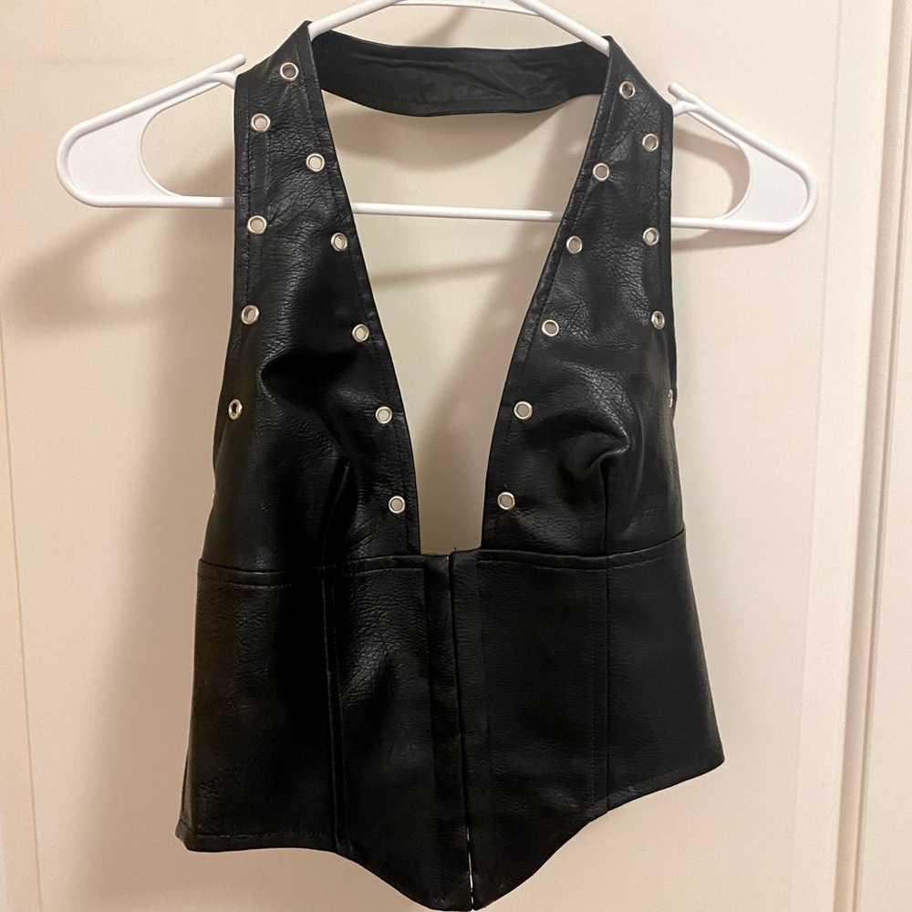 Black faux leather corset halter going out top